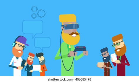 Man People Group Hold Laptop, Tablet, Smart Phone, Remote Console Wear Digital Glasses Chat Bubble Technology Flat Vector Illustration