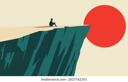 Man People Silhouette Sitting Alone on Rocky Cliff Top Nature Landscape with Big Sun in Sunset Sky
