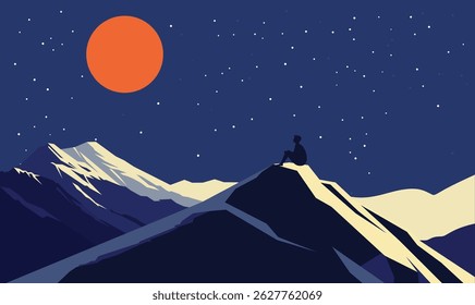Man People Silhouette Sitting on Rocky Mountain Top Landscape with Full Moon at Night