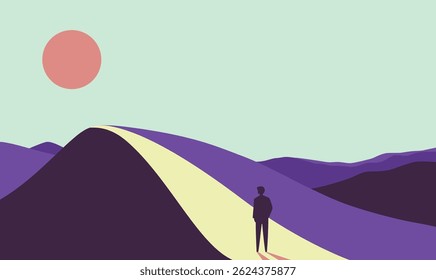 Man People Silhouette Standing Loneliness on Desert Landscape with Sun in the Sky