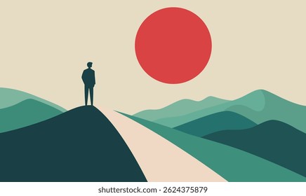 Man People Silhouette Standing Loneliness on Dune Top Desert Landscape with Sun in the Sky