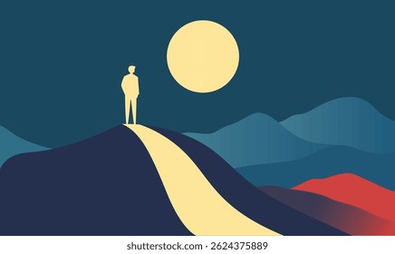Man People Silhouette Standing Loneliness on Dune Top Desert Landscape with Full Moon in Night Sky