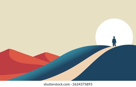 Man People Silhouette Standing Loneliness on Dune Top Desert Landscape with Sun in the Sky