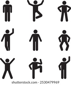 Man people various standing position. Posture stick figure. Vector illustration of posing person icon symbol.