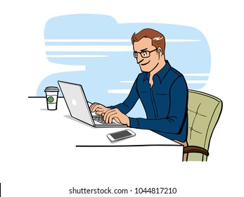 Man people working with laptop on desk. flat vector cartoon character design. illustration hand drawn style.
