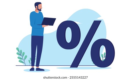 Man and percentage sign - Casual business person with computer doing calculations on tax, saving, income or finances. Flat design illustration on white background