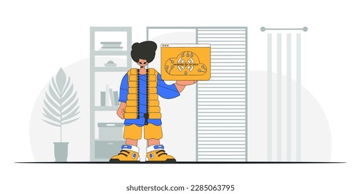 Man perched on the ground, embracing an IoT symbol. Vectorized contemporary look.