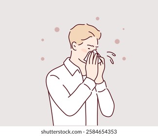 man with perennial and seasonal allergies cause by dust, fur, pollen, smoke. Runny nose. Hand drawn style vector design illustrations.