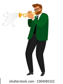 Man performance musical blues, jazz trumpeter practice enjoyment, enthusiastic hobby playing, vector illustration