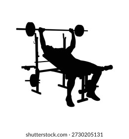 Mann Performing Barbell Bank Presse Übung Silhouette auf verstellbarer Bank einzeln auf weißem Hintergrund für Kraft-Training und Fitness-Konzept