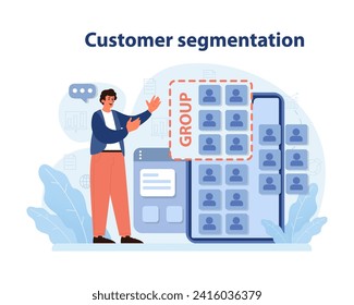 Man performing customer segmentation on digital interface, categorizing clients for targeted marketing strategies. Business optimization with data analysis. Flat vector illustration.