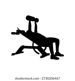 Hombre que realiza la silueta del ejercicio de la Prensa del banco de la mancuerna aislada en el fondo blanco para el concepto del entrenamiento de la aptitud y de la fuerza