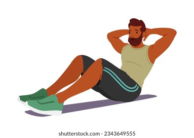 Man Performing Floor Exercises, To Strengthen Muscles And Improve Overall Fitness. Black Mature Male Character Pumping Belly Press with Hands behind the Head. Cartoon People Vector Illustration