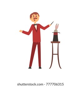Man performing focus with rabbit appearing from top magic hat. Cartoon magician with mustache in red elegant costume with butterfly. Circus show. Flat vector