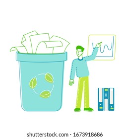 Man Performing Growing Arrow Chart with Statistics Information of Using and Recycling Paper Waste. Data Graph Garbage Segregation and Reduce Earth Pollution, Deforestation. Linear Vector Illustration