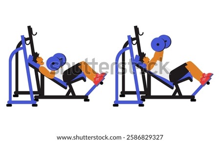 man performing an inclined bench press, a variation of the traditional bench press that targets the upper chest and shoulders. The character lies on an inclined bench, gripping a barbell or dumbbells