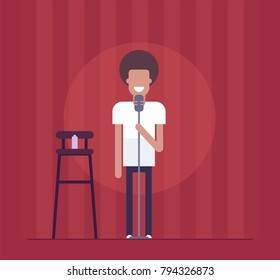 Man performing - modern flat design style isolated illustration on red curtain background. Smiling stand-up comedian acting before the audience. An image of a high chair, bottle, microphone