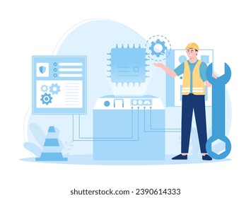 A man is performing monthly maintenance on a machine trending concept flat illustration