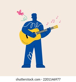 Man performing music on acoustic guitar. Colorful vector illustration
