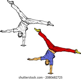 Man performing a one hand cartwheel tumble. Hand drawn vector illustration.