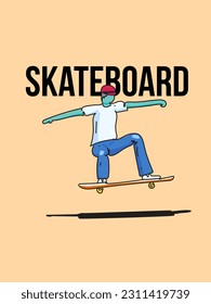 A man performing to play skateboarder. Vector illustration of trendy doodle art and abstract cartoon character