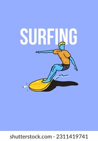 A man performing to play surfer riding on surfboard. Vector illustration of trendy doodle art and abstract cartoon character