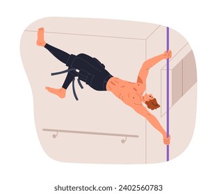 Man performing pole dance. Air walk, advanced poledance move, pose. Flexible strong male dancer training, doing advanced exercise, gripping bar. Flat vector illustration isolated on white background