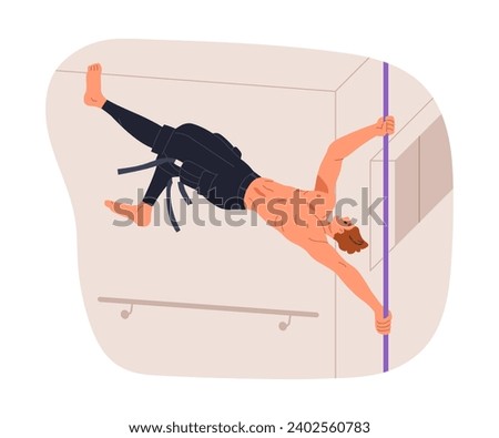 Man performing pole dance. Air walk, advanced poledance move, pose. Flexible strong male dancer training, doing advanced exercise, gripping bar. Flat vector illustration isolated on white background
