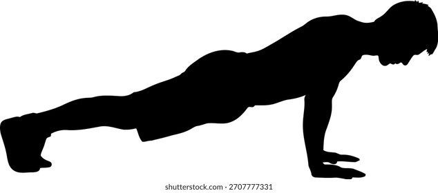 Hombre que realiza la silueta del ejercicio del push-up, concepto del entrenamiento de la aptitud