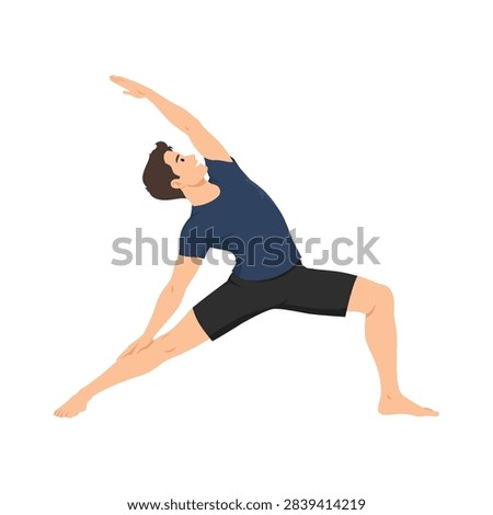 Man Performing Reverse Warrior Yoga Pose. Flat vector illustration isolated on white background