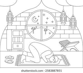 Man Performing Sajda Bowing Down in Prayer vector icon Design, ramadan and Eid al-Fitr Banner Muslim fasting month scene Islamic holidays illustration, Person is Offering of nawafil late night concept