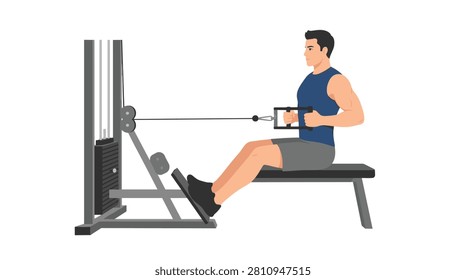 Man Performing Seated Cable Rows Back Exercise Vector Illustration