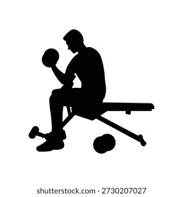 Hombre que realiza la silueta sentada del ejercicio del rizo de la mancuerna aislada en el fondo blanco para la Ilustración vectorial del concepto del entrenamiento de la aptitud y de la fuerza