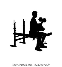 Hombre que realiza la silueta sentada del ejercicio del rizo de la mancuerna aislada en el fondo blanco para el concepto del entrenamiento de la aptitud y de la fuerza