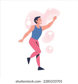 Man Performing Soap Bubble Show Making Liquid Sphere Vector Illustration