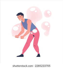 Man Performing Soap Bubble Show Making Liquid Sphere Vector Illustration