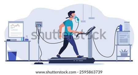 Man performing a treadmill stress test with an oxygen mask in a medical and sports research laboratory, monitored by advanced equipment