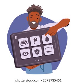 Man performing variety of services, functions and features to smart home remote control from mobile cartoon scene. Surveillance, recognition and house appliance management vector illustration