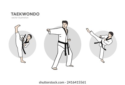 Man performing various taekwondo moves. Hand drawn vector illustrations.