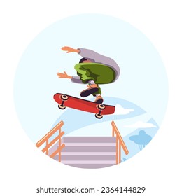 Man performs dangerous stunts and jumps upstairs on skateboard. Skateboarder silhouette in maneuver sequence. Man performing various sports activities. Flat vector illustration in cartoon style