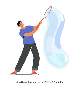Man Performs Mesmerizing Soap Bubbles Show. Male Character Creating Colorful And Delicate Bubbles Of All Sizes, Captivating The Audience With His Skills. Cartoon People Vector Illustration