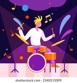 Man performs on stage and plays drums on stage. Concept of creating music, hobby. Musicians playing on different instruments. Flat vector illustration in cartoon style