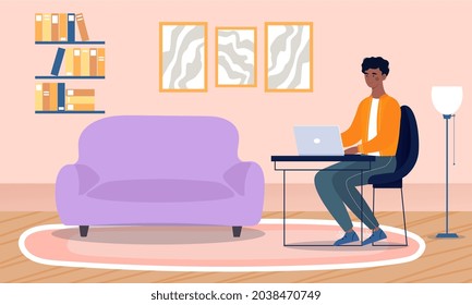 Man performs project at home. Employee of company sitting at laptop and working. Remote work or freelance. Programmer executes order. Cartoon flat vector illustration isolated on white background