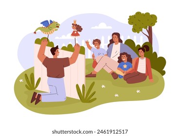 Man performs the puppet show for children on the lawn vector flat illustration. Cute outdoors kids entertainment theater, family leisure. Cartoon dragon and princess puppet toys performance on scene