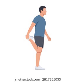 A man performs a quad stretch common exercise for athletic training and wellness promotion. Useful for health and fitness content.