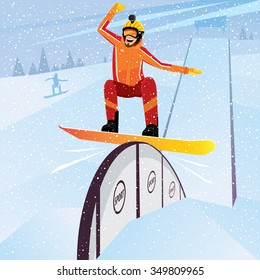 Man performs a rail trick on a snowboard - freestyle jibbing concept. Vector illustration