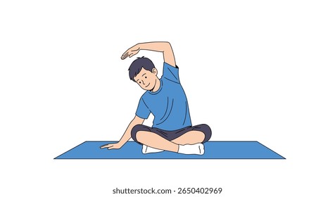 Man performs seated side bend stretching his obliques and torso for fitness