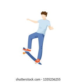 Man performs skateboard stunts isolated on white background.