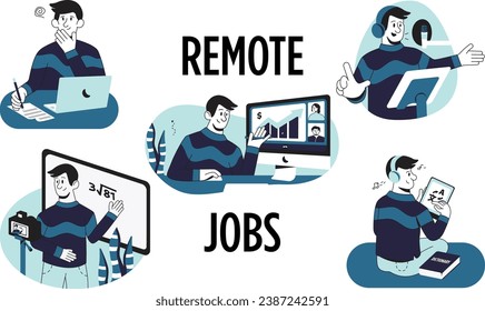 A man performs some careers in remote jobs. Video conference, online meeting, content writer, voice actor, voice-over artist, online teacher, translator. Blue illustration flat character.