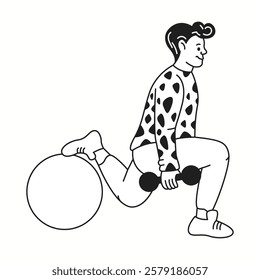 Man performs split squat with dumbbell and fit-ball linear icon. Sportsman enjoys fitness doodle character doodle thin line illustration